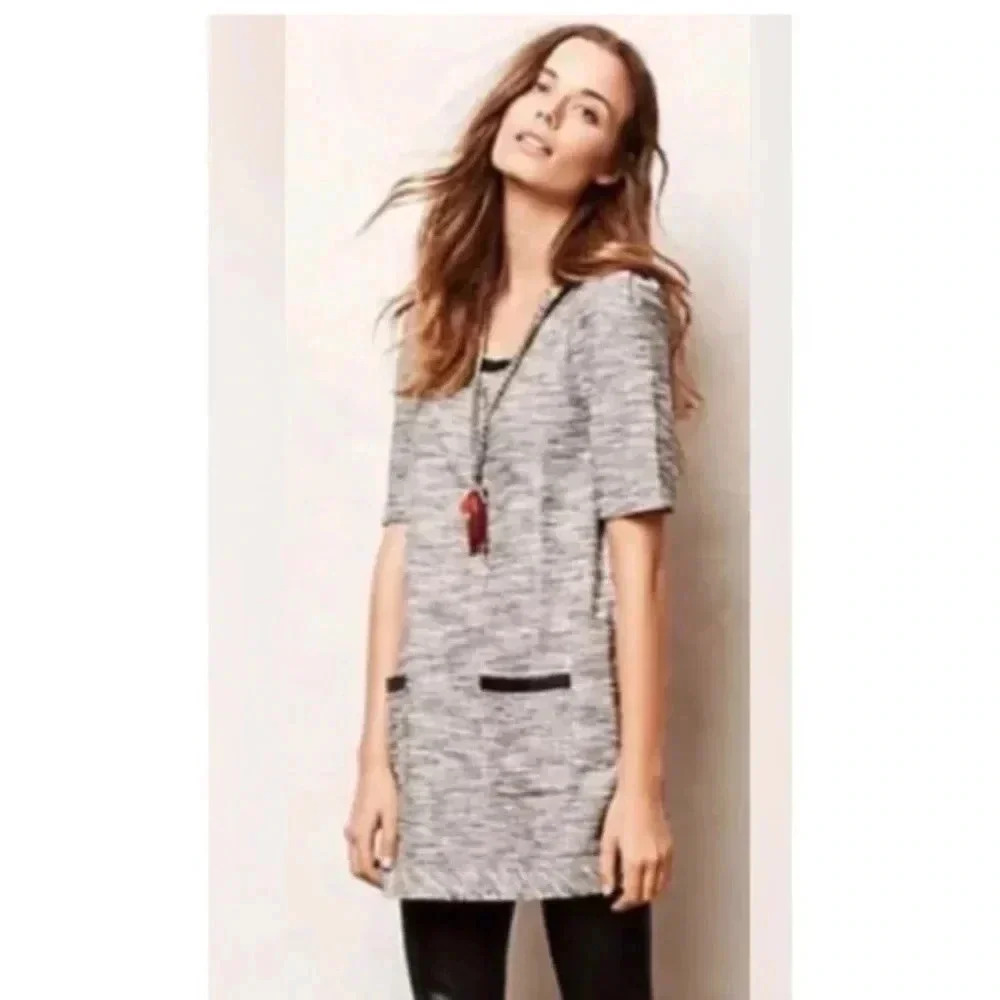 POSTMARK Gray Black Tweed Tunic Shift Dress Shirt Sz Small EUC Anthropologie